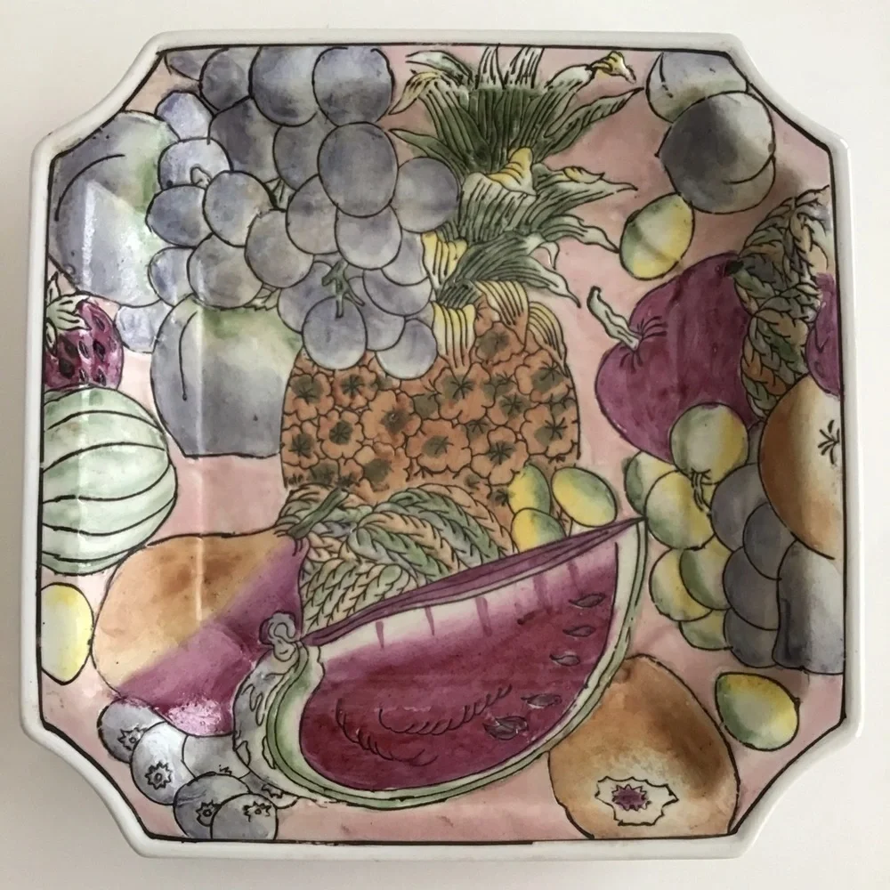 Vintage Square Pastel Fruits Pattern Dish Plate Grapes Pineapple Melons Pears
